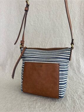 Fossil Brown Leather & Navy Striped Crossbody Shoulder Bag